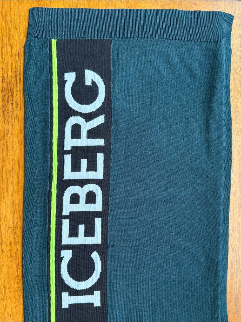 Iceberg Teal Scarf with Black Logo Stripe and Neon Green Accent